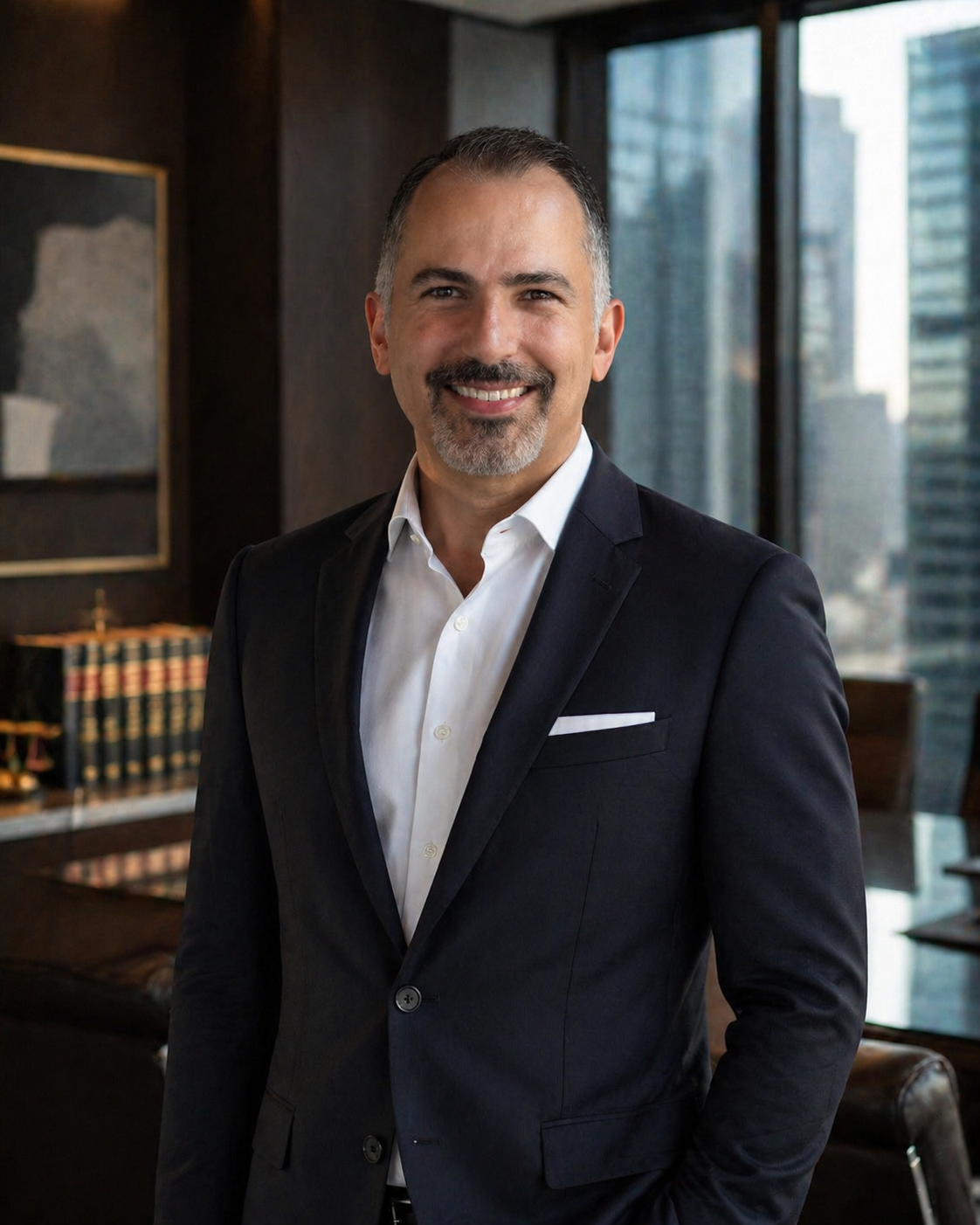 Sami Sedghani, Pharm.D., J.D. — founder and managing attorney of Synergist Law, photographed in his San Francisco Bay Area office